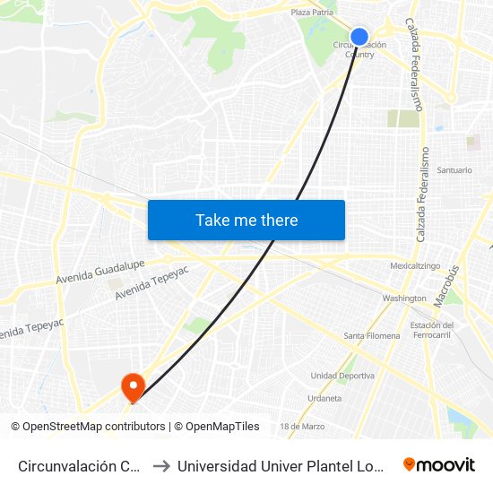 Circunvalación Country to Universidad Univer Plantel Loma Bonita map