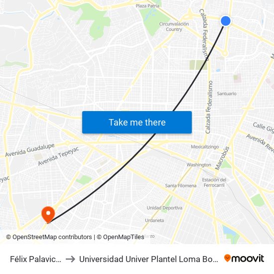 Félix Palavicini to Universidad Univer Plantel Loma Bonita map