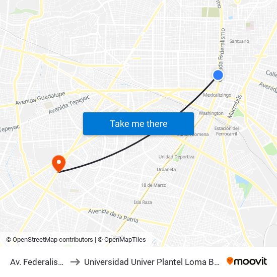 Av. Federalismo to Universidad Univer Plantel Loma Bonita map