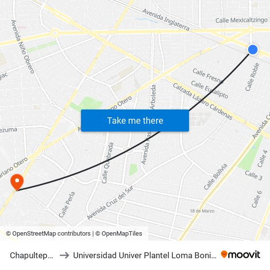 Chapultepec to Universidad Univer Plantel Loma Bonita map