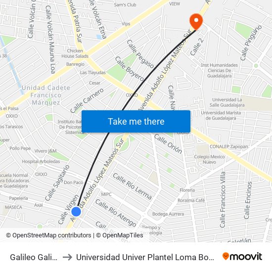 Galileo Galilei to Universidad Univer Plantel Loma Bonita map