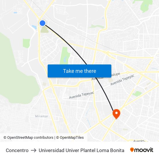 Concentro to Universidad Univer Plantel Loma Bonita map
