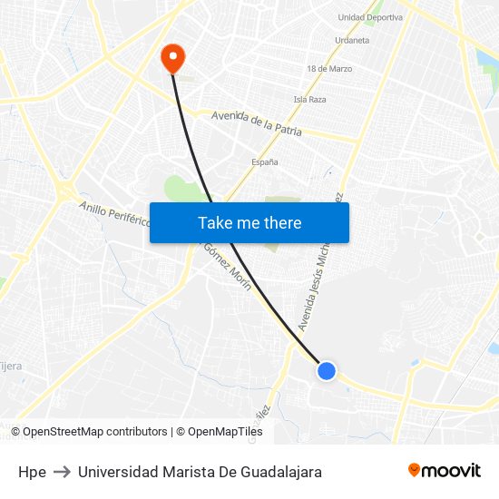 HPE to Universidad Marista De Guadalajara map