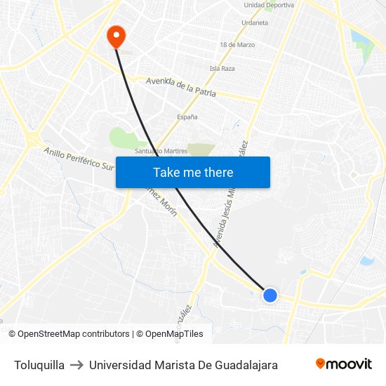 Toluquilla to Universidad Marista De Guadalajara map