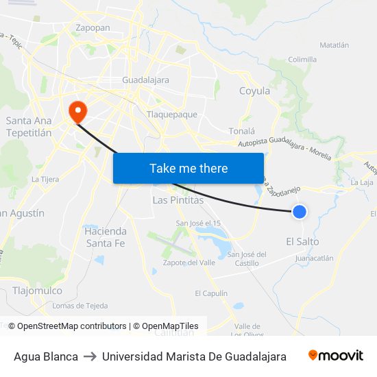 Agua Blanca to Universidad Marista De Guadalajara map