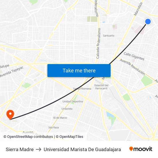 Sierra Madre to Universidad Marista De Guadalajara map