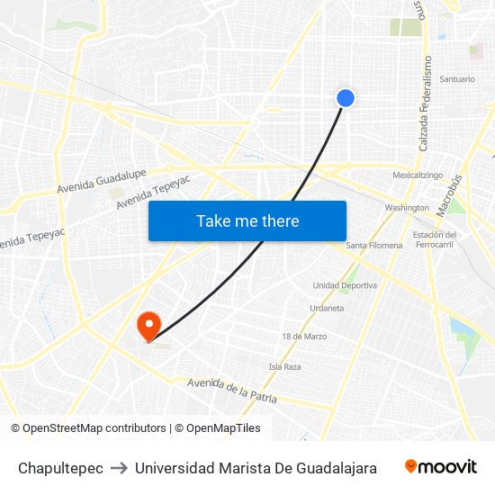 Chapultepec to Universidad Marista De Guadalajara map