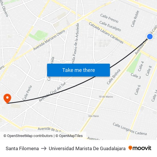 Santa Filomena to Universidad Marista De Guadalajara map