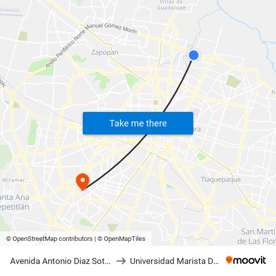 Avenida Antonio Diaz Soto Y Gama, 892 to Universidad Marista De Guadalajara map
