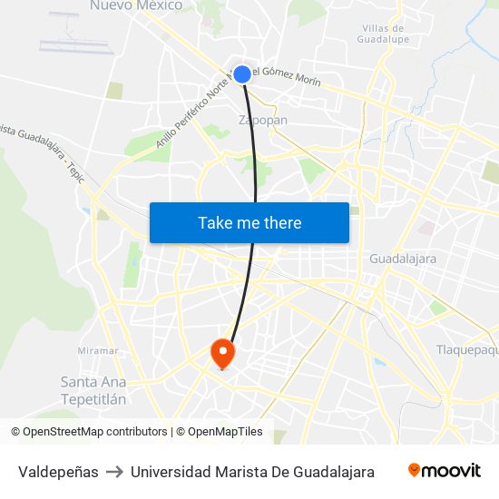 Valdepeñas to Universidad Marista De Guadalajara map