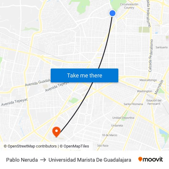 Pablo Neruda to Universidad Marista De Guadalajara map