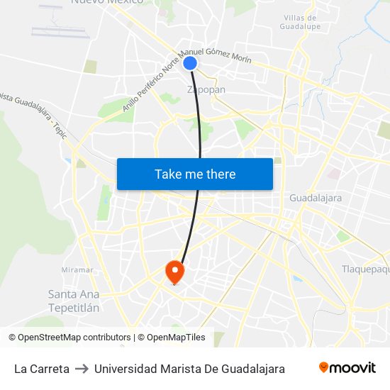 La Carreta to Universidad Marista De Guadalajara map