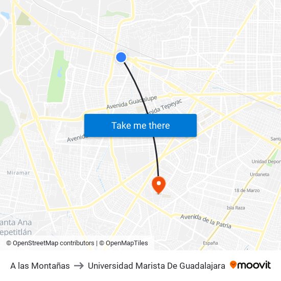 A las Montañas to Universidad Marista De Guadalajara map