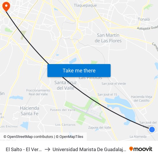 El Salto - El Verde to Universidad Marista De Guadalajara map