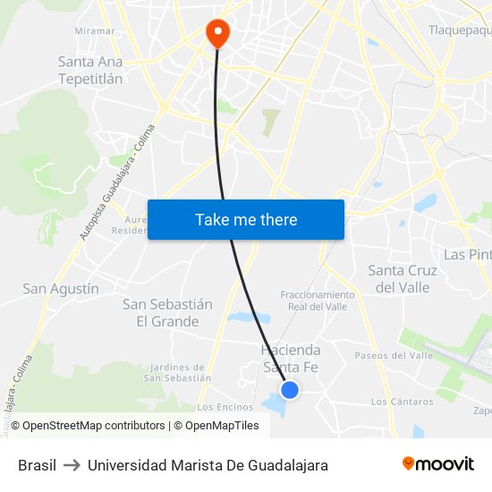 Brasil to Universidad Marista De Guadalajara map