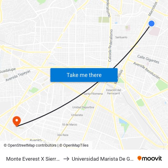 Monte Everest X Sierra Morena to Universidad Marista De Guadalajara map