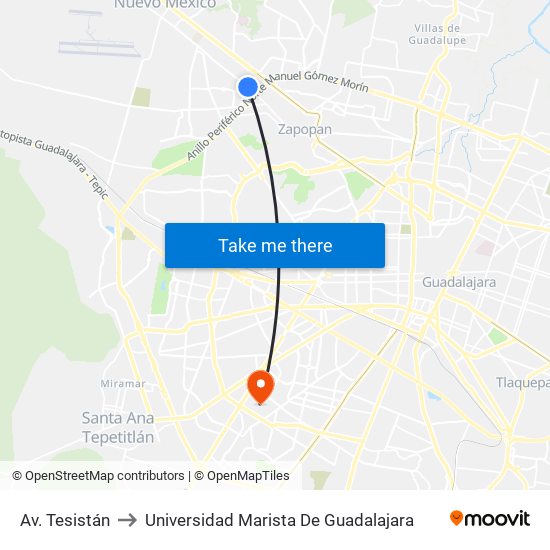 Av. Tesistán to Universidad Marista De Guadalajara map