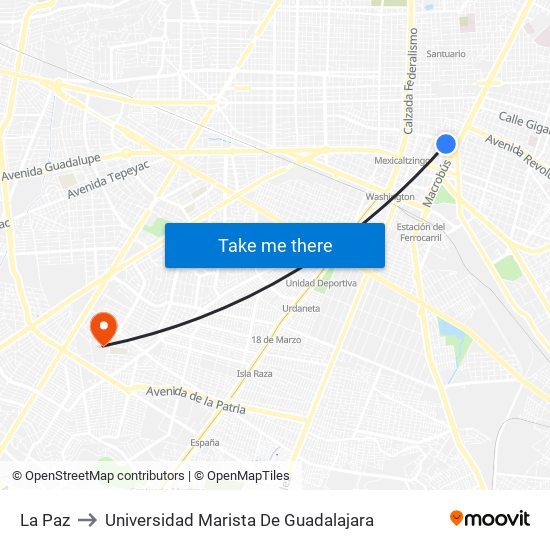 La Paz to Universidad Marista De Guadalajara map