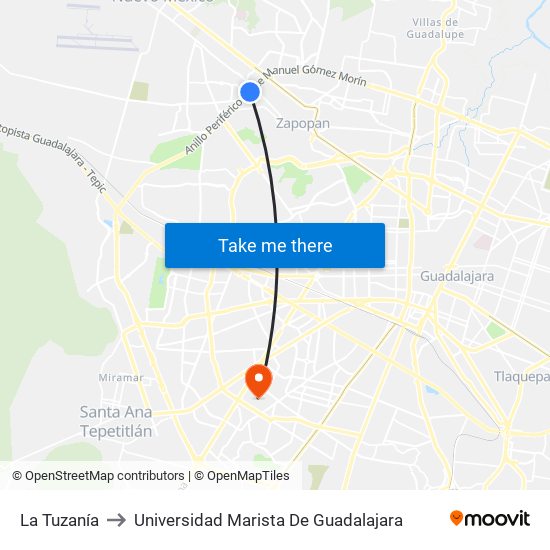 La Tuzanía to Universidad Marista De Guadalajara map