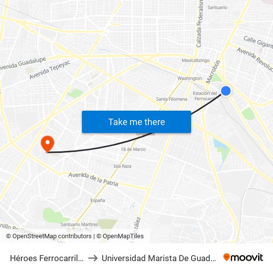 Héroes Ferrocarrileros to Universidad Marista De Guadalajara map