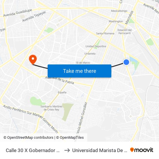 Calle 30 X Gobernador Luis G. Curiel to Universidad Marista De Guadalajara map