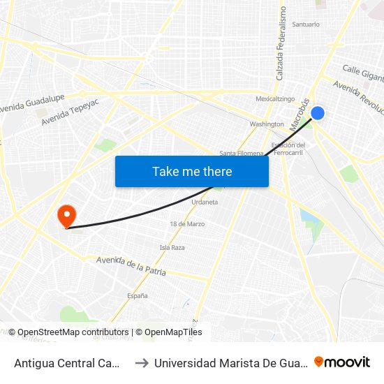 Antigua Central Camionera to Universidad Marista De Guadalajara map