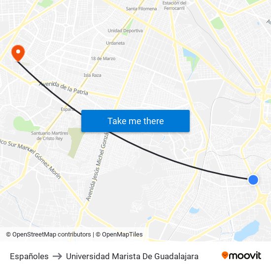 Españoles to Universidad Marista De Guadalajara map