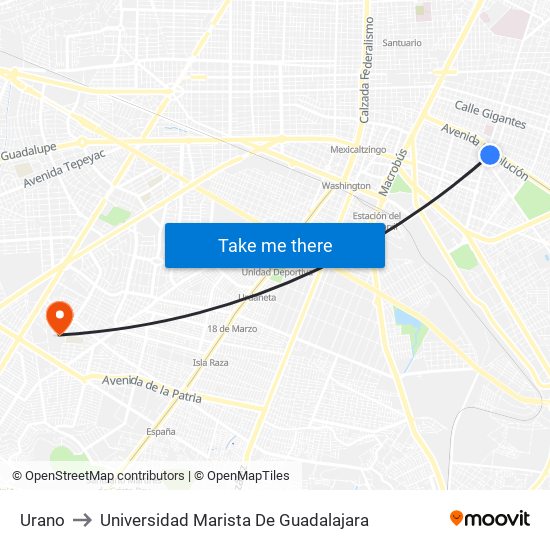 Urano to Universidad Marista De Guadalajara map