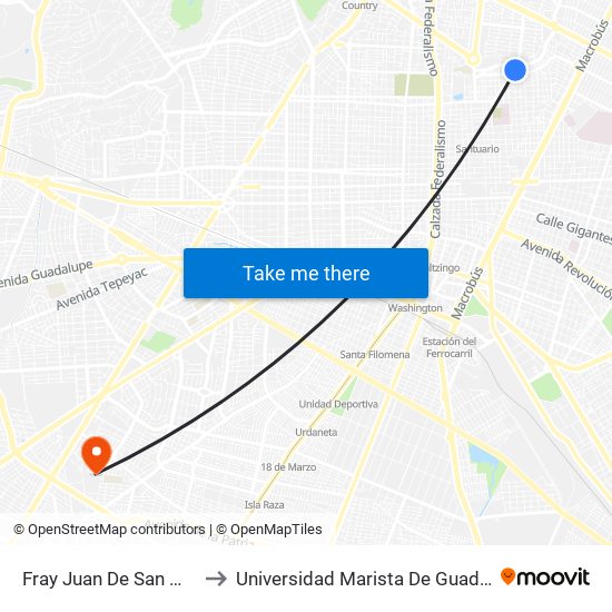 Fray Juan De San Miguel to Universidad Marista De Guadalajara map