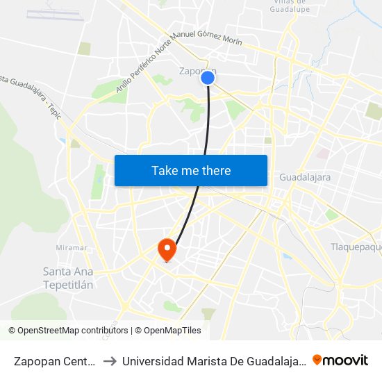 Zapopan Centro to Universidad Marista De Guadalajara map