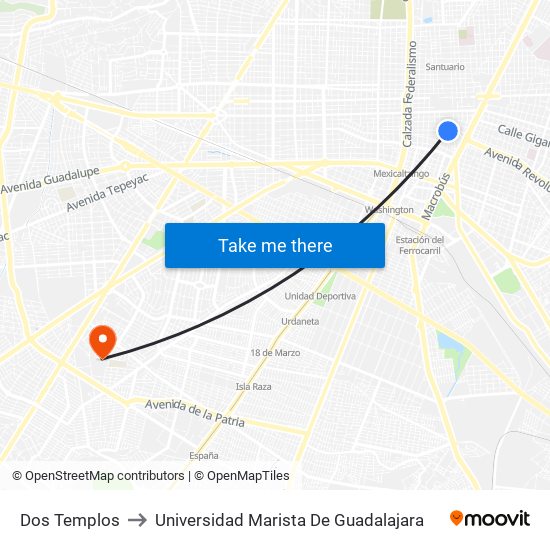 Dos Templos to Universidad Marista De Guadalajara map