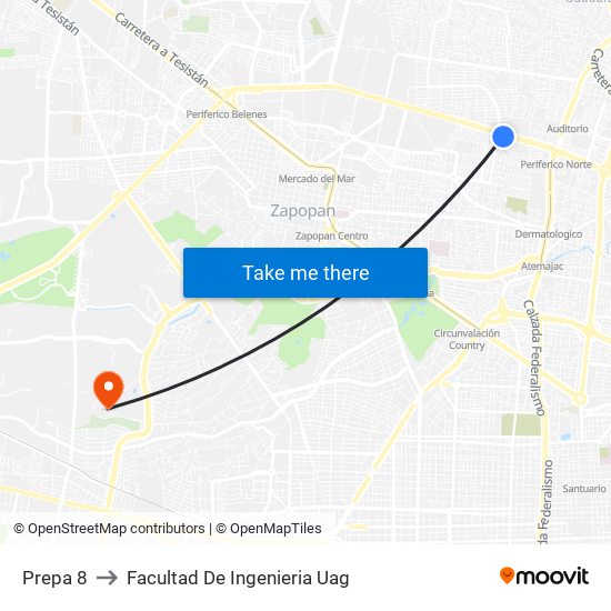 Prepa 8 to Facultad De Ingenieria Uag map
