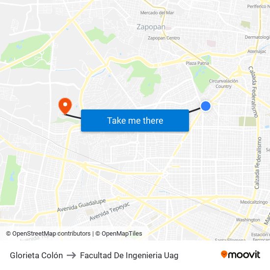 Glorieta Colón to Facultad De Ingenieria Uag map