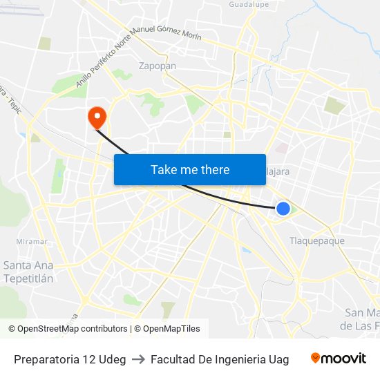 Preparatoria 12 Udeg to Facultad De Ingenieria Uag map