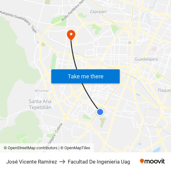 José Vicente Ramírez to Facultad De Ingenieria Uag map