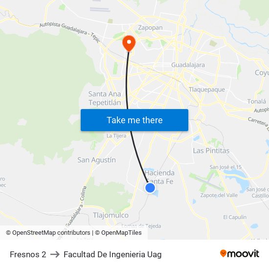 Fresnos 2 to Facultad De Ingenieria Uag map