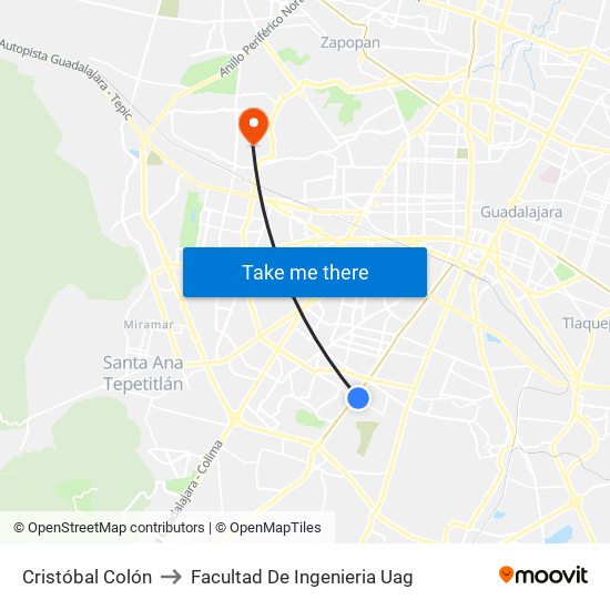 Cristóbal Colón to Facultad De Ingenieria Uag map