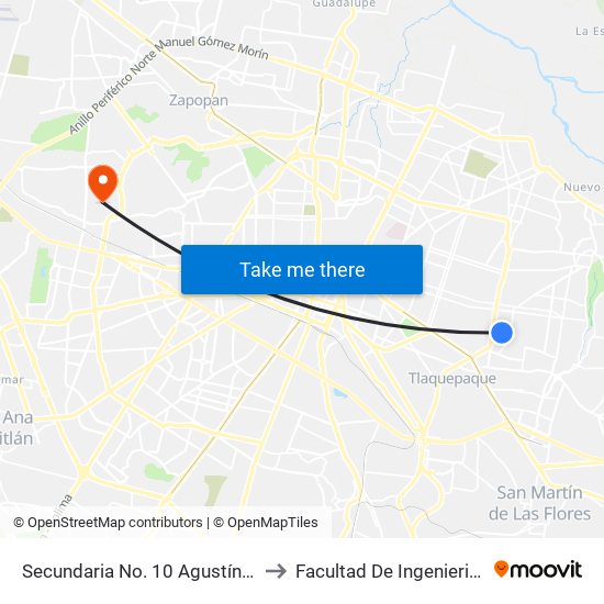 Secundaria No. 10 Agustín Yáñez to Facultad De Ingenieria Uag map