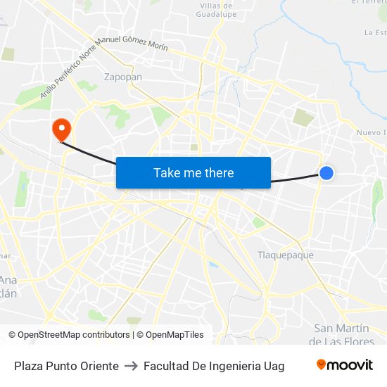 Plaza Punto Oriente to Facultad De Ingenieria Uag map