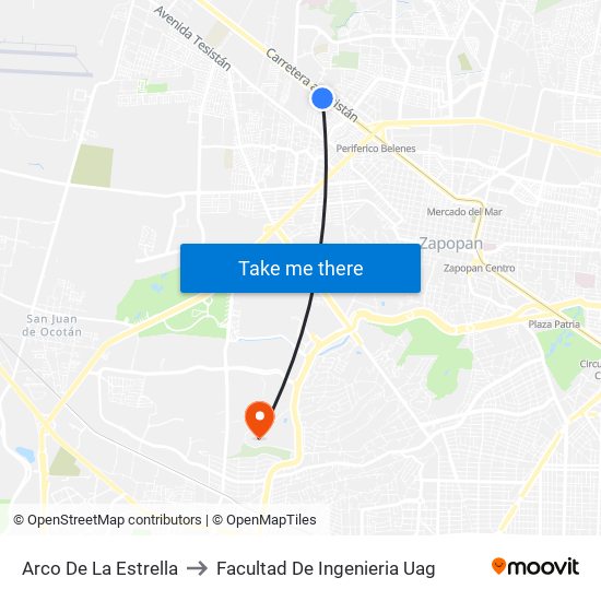 Arco De La Estrella to Facultad De Ingenieria Uag map