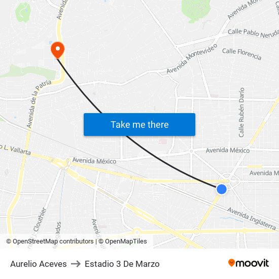Aurelio Aceves to Estadio 3 De Marzo map