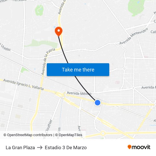 La Gran Plaza to Estadio 3 De Marzo map