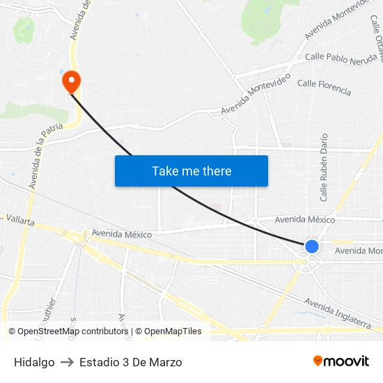 Hidalgo to Estadio 3 De Marzo map