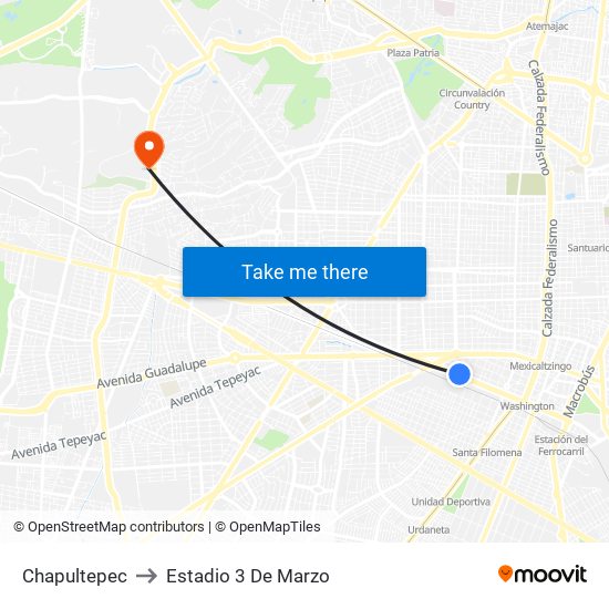 Chapultepec to Estadio 3 De Marzo map