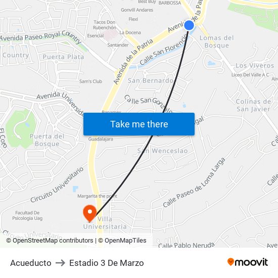 Acueducto to Estadio 3 De Marzo map