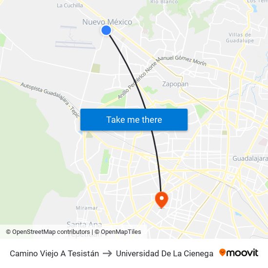 Camino Viejo A Tesistán to Universidad De La Cienega map