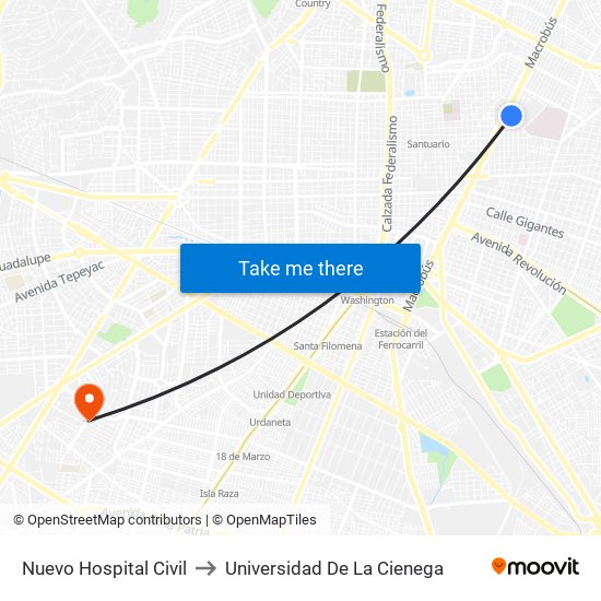 Nuevo Hospital Civil to Universidad De La Cienega map