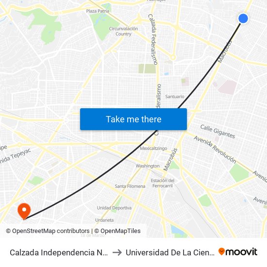 Calzada Independencia Norte to Universidad De La Cienega map