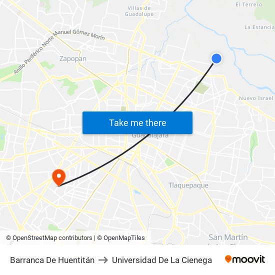 Barranca De Huentitán to Universidad De La Cienega map