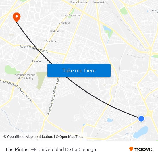 Las Pintas to Universidad De La Cienega map